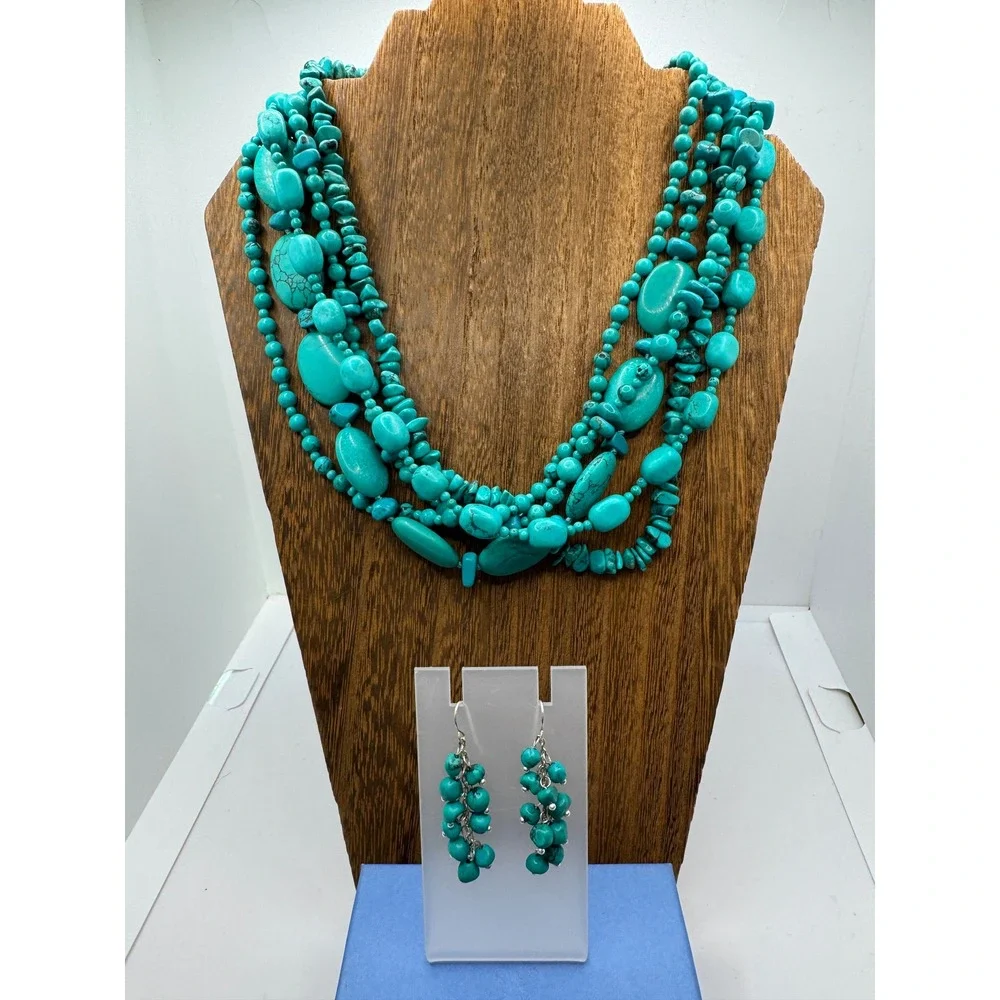 Turquoise Stone Multi Strand Statement Necklace and Dangle Earring Set Boho Vtg